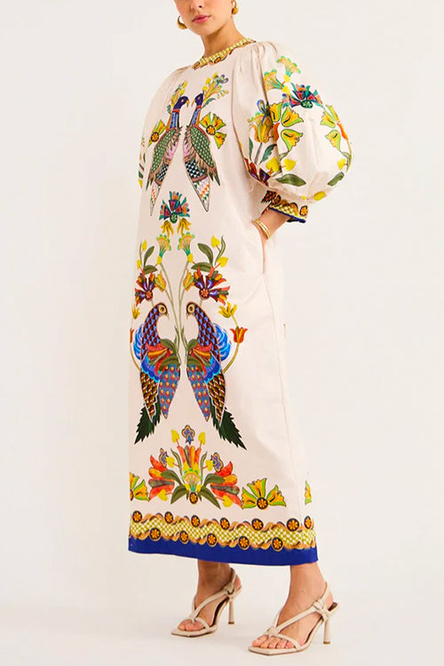 Karladress 3/4 Puff Sleeves Back Slit Birdie Printed Maxi Dress