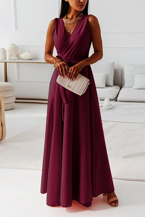 Karladress Wrap V Neck Tie Waist Sleeveless Maxi Swing Dress