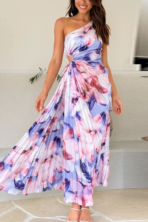 Karladress One Shoulder Sleeveless Cut Out Floral Print Pleated Maxi Dress