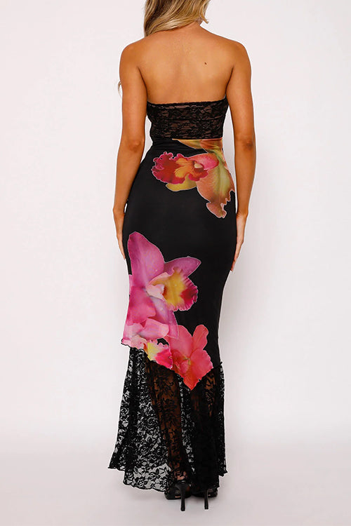 Karladress Strapless Lace Splice Floral Print Maxi Dress