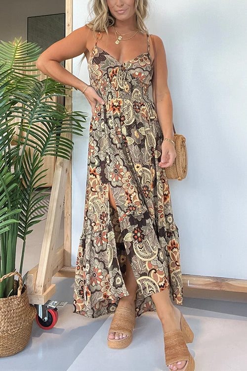 Karladress V Neck Back Lace-up Slit Floral Print Maxi Cami Dress