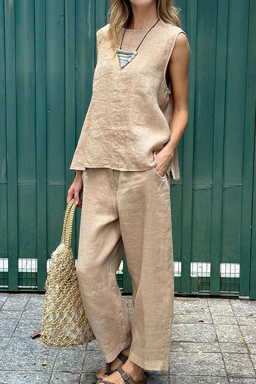 Karladress Casual Sleeveless Pullover Top Wide Leg Pants Cotton Linen Set