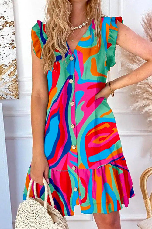 Karladress V Neck Button Up Printed Ruffle A-line Dress