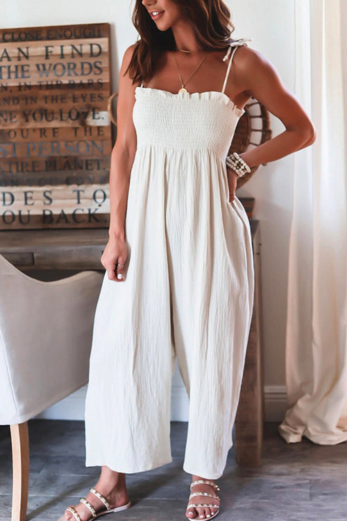 Karladress Tie Shoulder Smocked Wide Leg Cami Jumpsuit