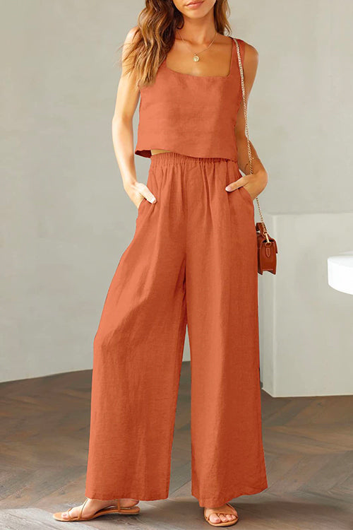 Karladress Square Collar Cami Crop Top Wide Leg Pants Cotton Linen Set