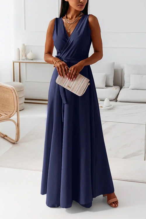 Karladress Wrap V Neck Tie Waist Sleeveless Maxi Swing Dress