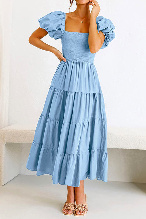 Karladress Square Collar Puff Sleeve Smocked Ruffle Tiered Dress