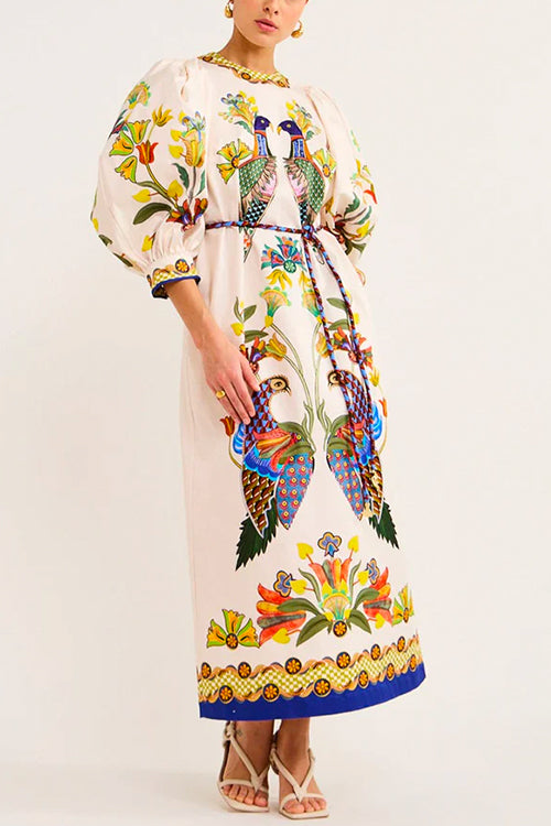 Karladress 3/4 Puff Sleeves Back Slit Birdie Printed Maxi Dress