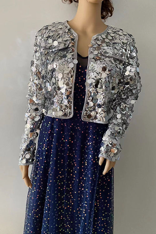 Karladress Open Front Cropped Sequin Jacket