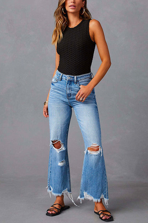 Karladress Raw Hem Ripped Flare Bottoms Denim Pants