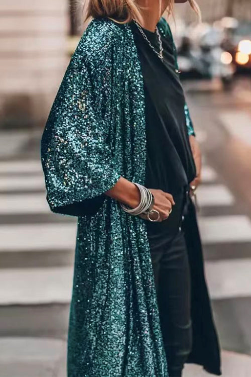 Karladress 3/4 Sleeves Open Front Sequin Shinny Midi Cardigan