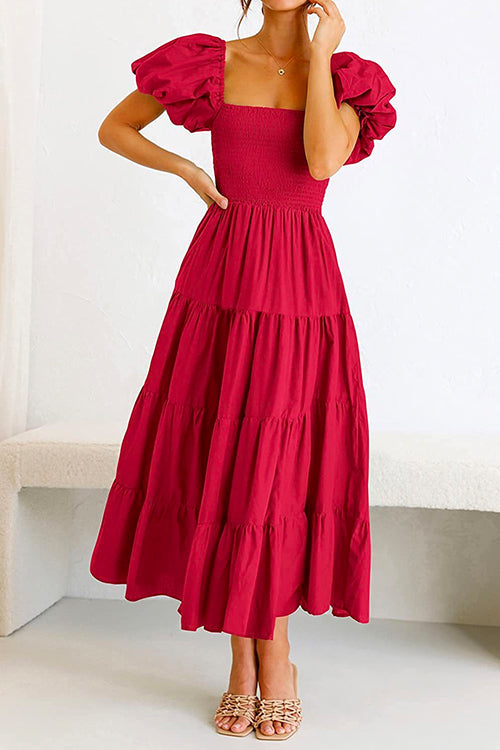 Karladress Square Collar Puff Sleeve Smocked Ruffle Tiered Dress