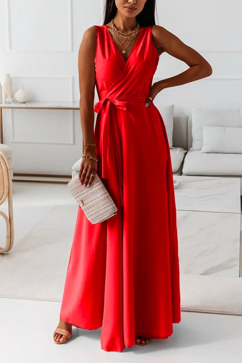 Karladress Wrap V Neck Tie Waist Sleeveless Maxi Swing Dress