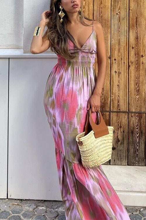 Karladress V Neck Open Back High Waist Tie Dye Maxi Vacation Dress