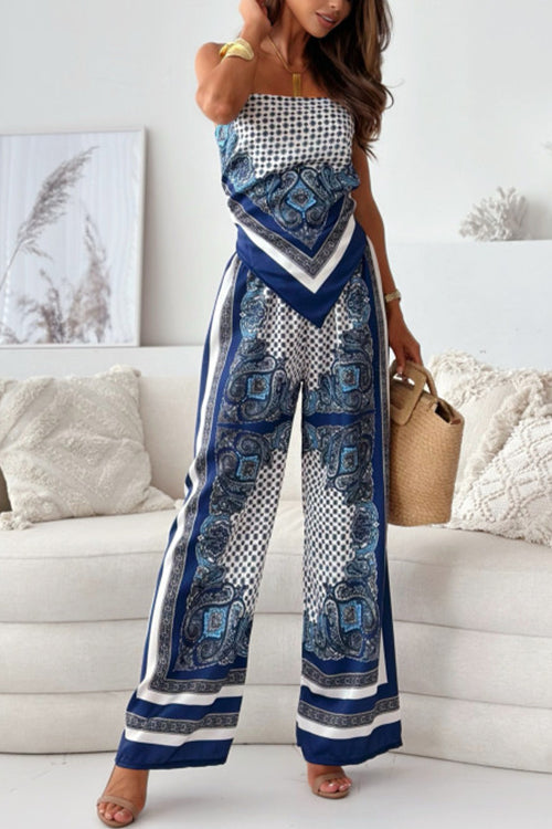 Karladress Tie Knot Backless Cami Top Wide Leg Pants Printed Set