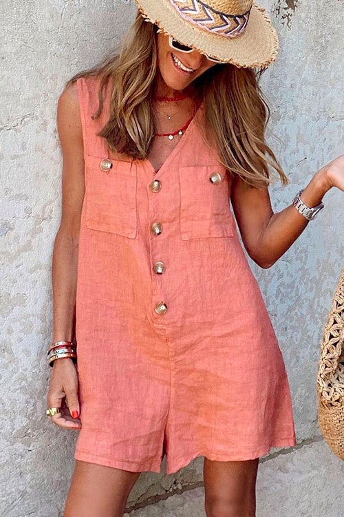 Karladress V Neck Buttons Wide Leg Tank Romper