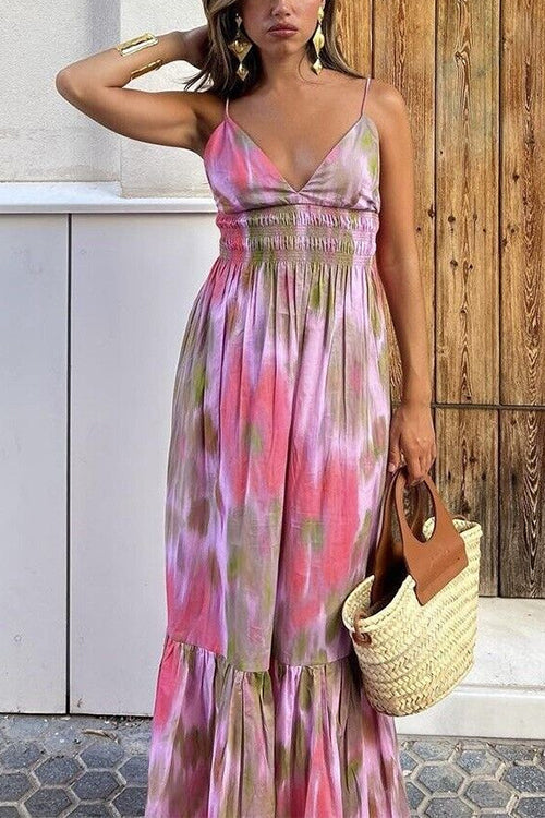 Karladress V Neck Open Back High Waist Tie Dye Maxi Vacation Dress