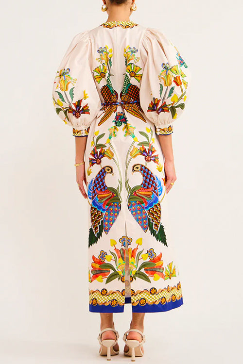 Karladress 3/4 Puff Sleeves Back Slit Birdie Printed Maxi Dress