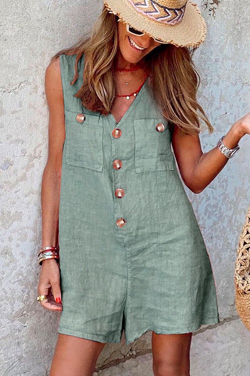 Karladress V Neck Buttons Wide Leg Tank Romper