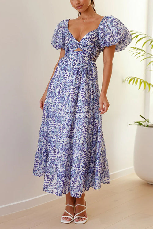 Karladress V Neck Twist Front Cut Out Waisted Floral Maxi Ruffle Dress