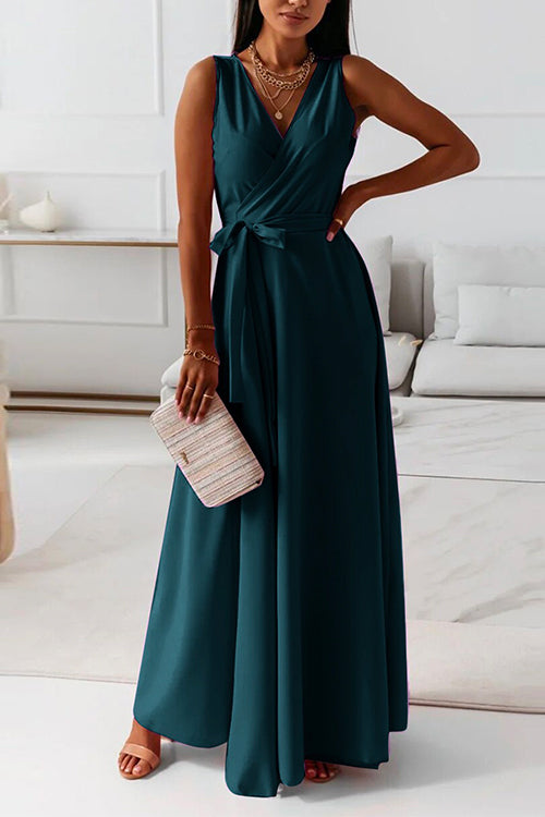 Karladress Wrap V Neck Tie Waist Sleeveless Maxi Swing Dress