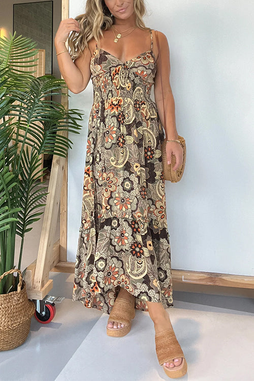 Karladress V Neck Back Lace-up Slit Floral Print Maxi Cami Dress