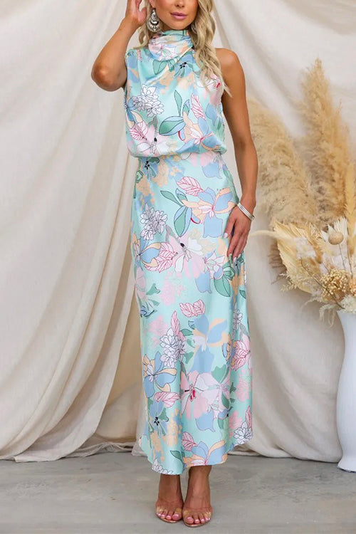 Karladress Irregular Tie Neck Waisted Floral Printed Maxi Satin Dress