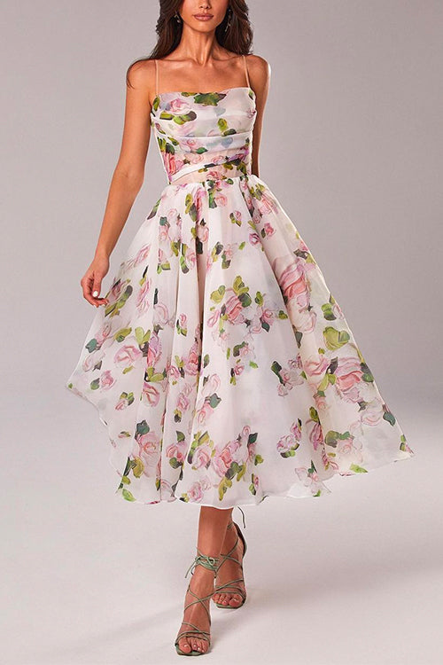 Karladress Adjustable Strap Waisted Floral Swing Midi Holiday Dress