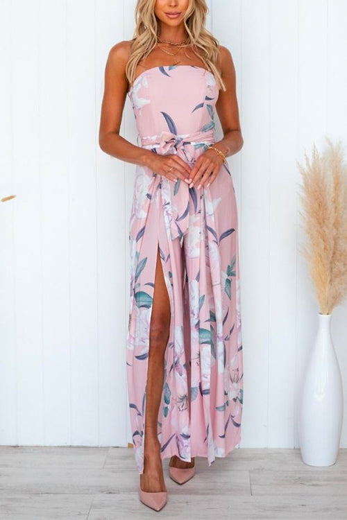 Karladress Sleeveless Off Shoulder Tie Waist Split Wide Leg Floral Jumpsuit