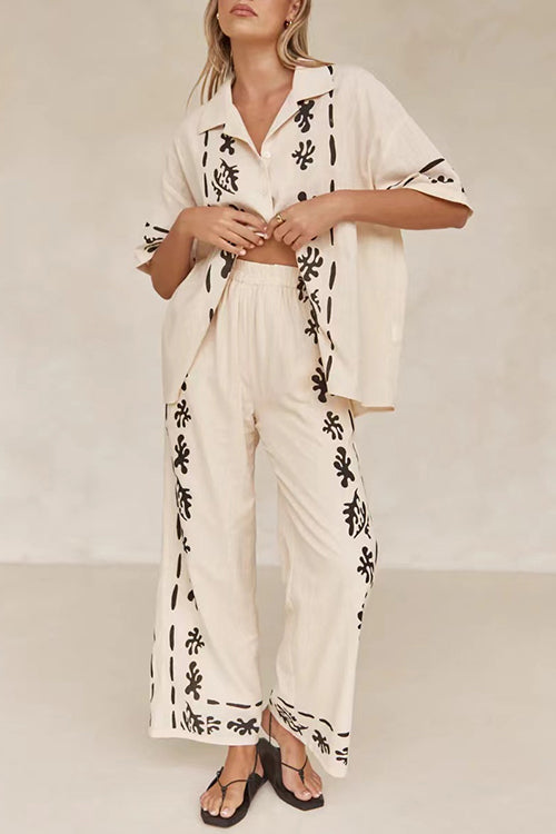 Karladress Cotton Linen Short Sleeves Button Down Shirt Elastic Waist Wide Leg Pants Printed Set