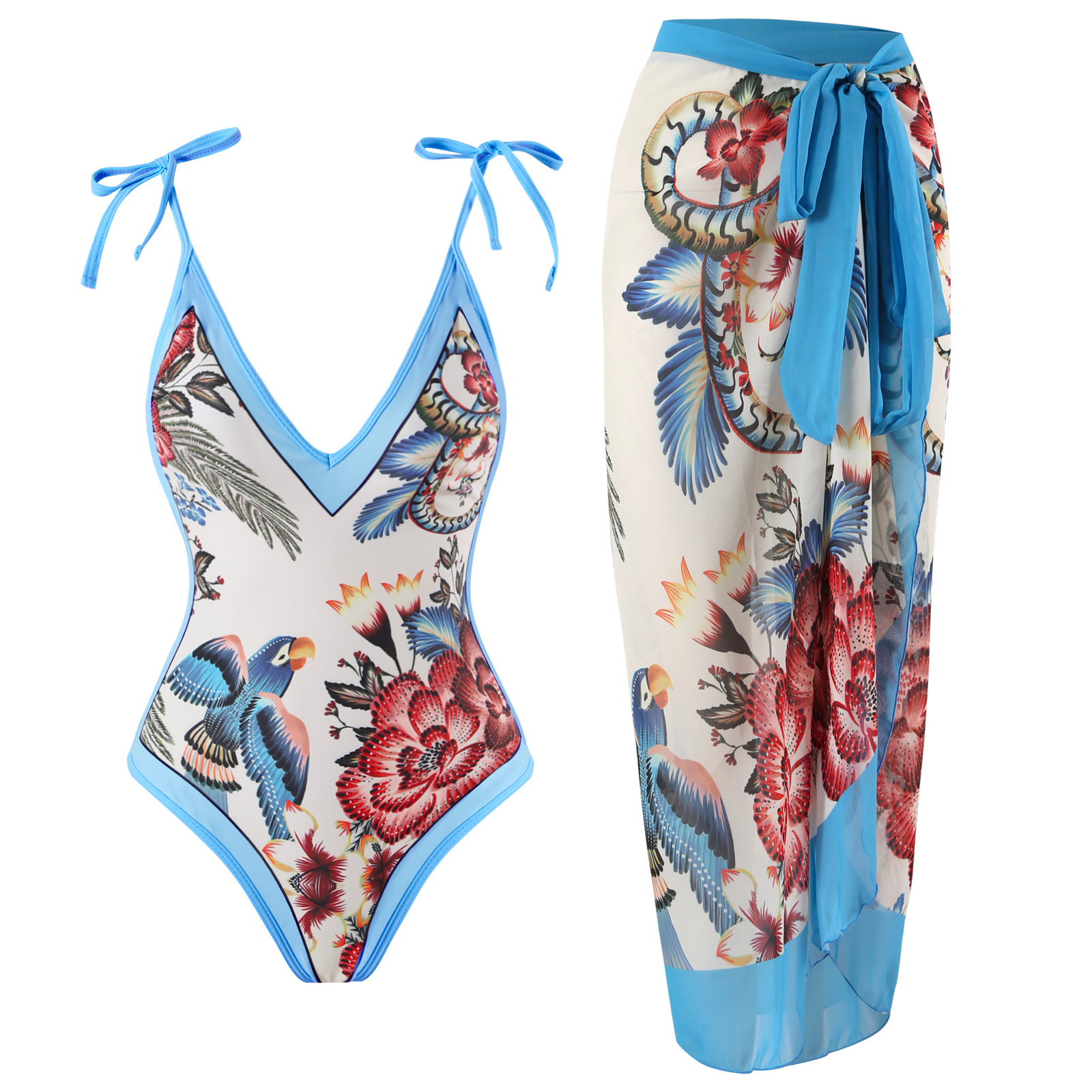 Karladress Floral Print V Neck Tie Shoulder One-piece Swimwear and Wrap Cover Up Skirt Set