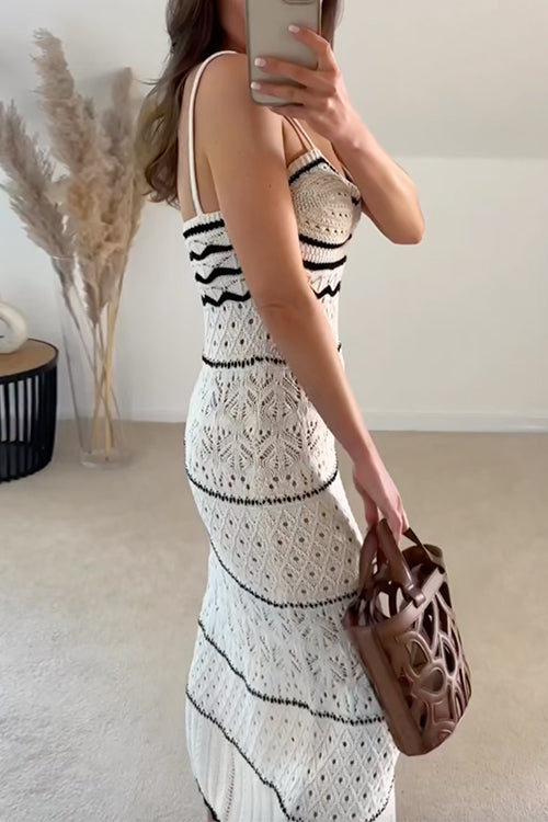 Karladress V Neck Crochet Hollow Out Color Block Knitting Maxi Cami Dress