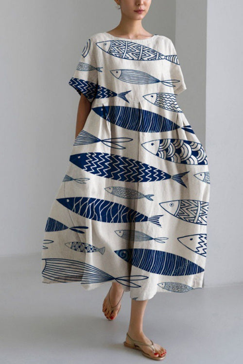 Karladress Printed Short Sleeves Pocketed A-line Midi Dress