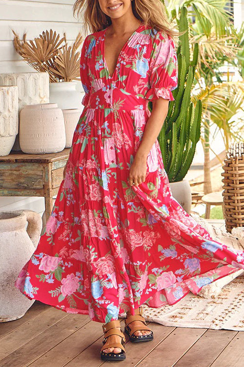 Karladress V Neck Button Up Floral Print Flowy Maxi Dress