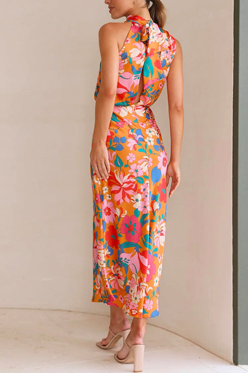 Karladress Tie Back Halter Sleeveless Waisted Maxi Floral Dress