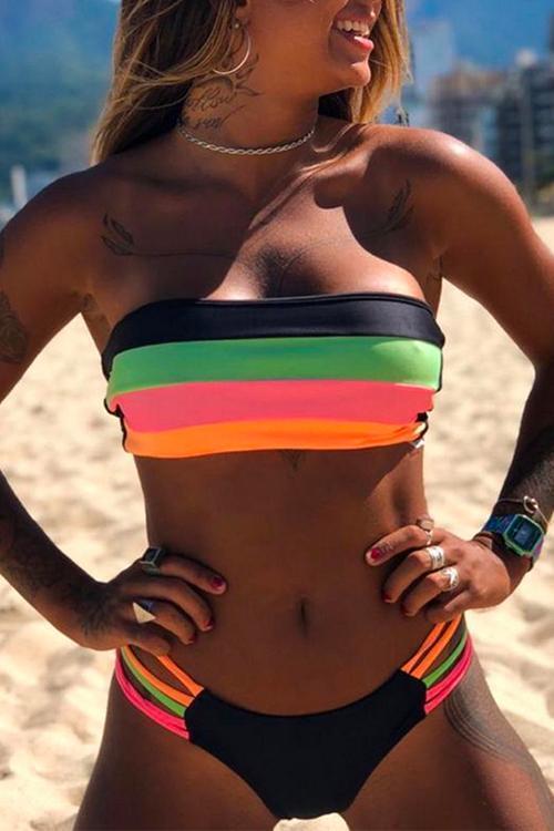 Karladress Rainbow Striped Tube Top Bandeau Bikini Set