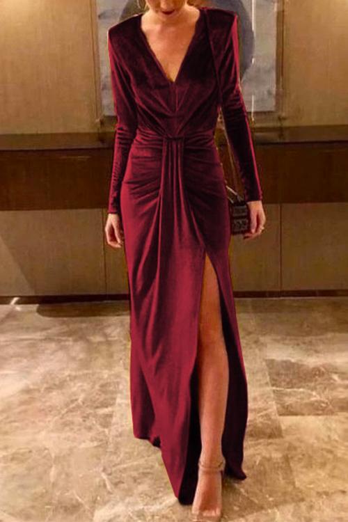 Karladress Deep V Neck Slit Ruched Velvet Party Dress(5 Colors Available)