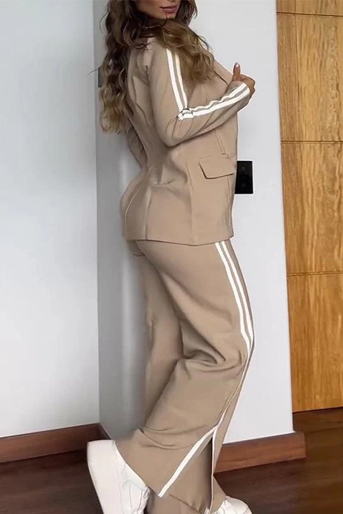 Karladress Color Block Open Front Blazer Elastic Waist Slit Wide Leg Pants Set