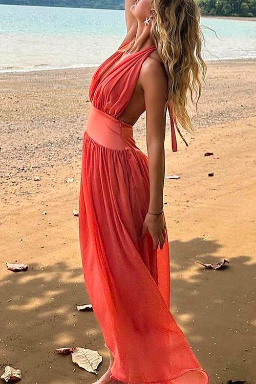 Karladress Deep V Neck Halter Backless Flowy Maxi Party Dress