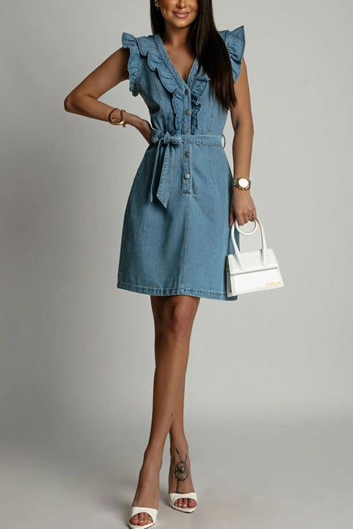 Karladress V Neck Button Up Tie Waist Ruffle Trim Denim Dress