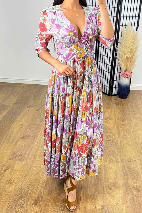 Karladress Deep V Neck High Waist Pockets Floral Maxi Swing Dress