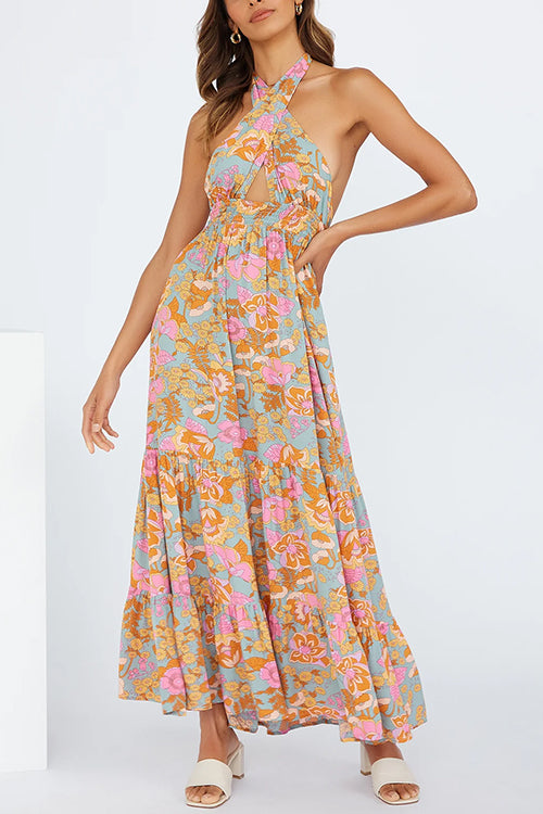 Karladress Criss Cross Halter Backless Cut Out Slit Floral Maxi Dress