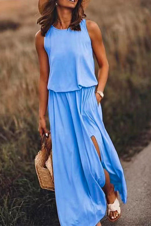 Karladress Sleeveless Waisted Slit Maxi Tank Dress