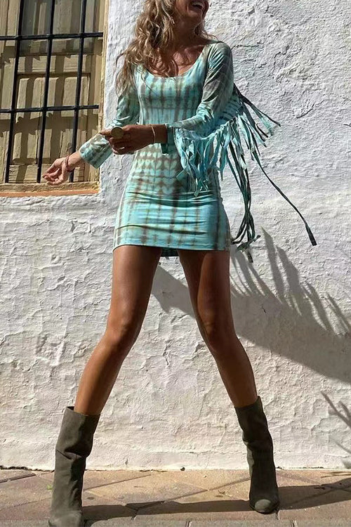 Karladress Tie Dye Long Sleeves Tassle Mini Dress