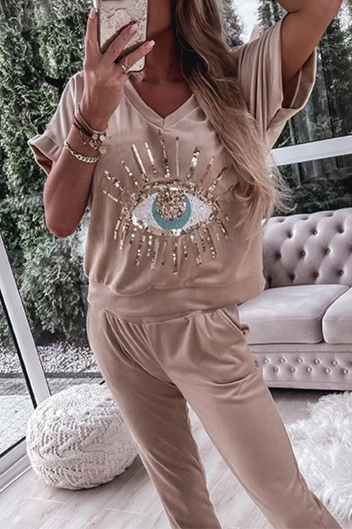 Karladress Sequin Pattern V Neck Short Sleeve Top with Pocketed Pants Casual Set