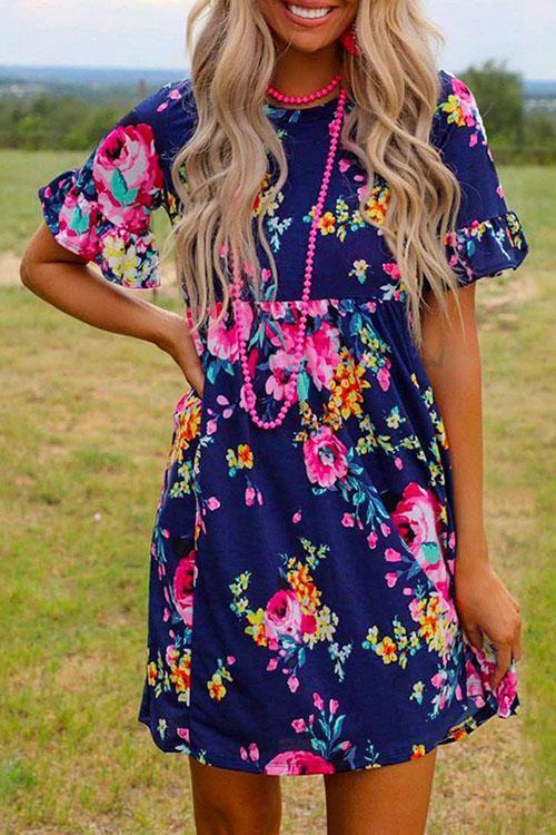 Karladress Crewneck Short Sleeve Floral Printed Flowy Dress