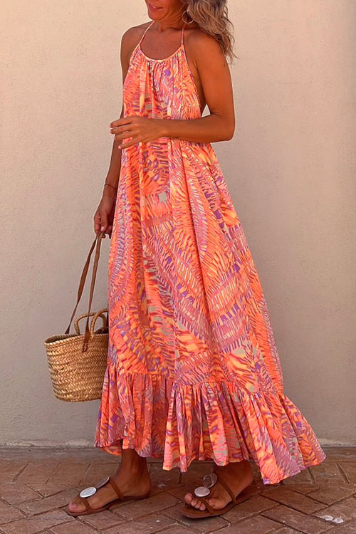 Karladress Halter Backless Printed Maxi Ruffle Swing Dress