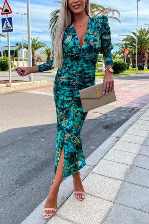 Karladress Deep V Neck Long Sleeve Ruched Slit Printed Bodycon Dress