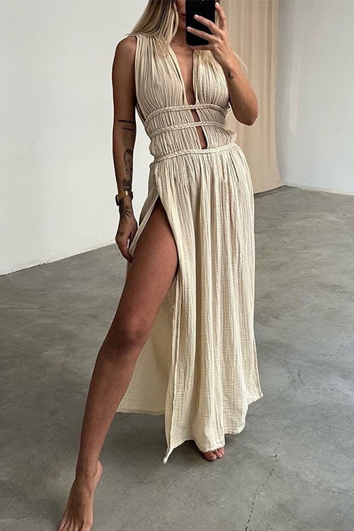 Karladress Deep V Neck Cut Out High Slit Cotton Linen Maxi Beach Dress