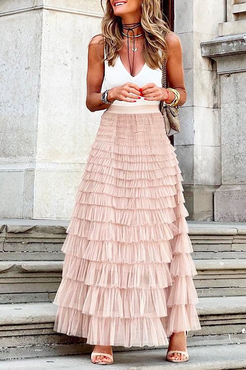 Karladress Ruffle Layered Mesh A-line Long Tulle Skirt